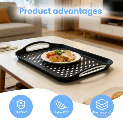 2 Pack Large Nonslip Serving Tray with Handles Lap Food Trays for Eating on Couch Tray for Breakfast Dinner Snack Fruit Beverage(Black & White)