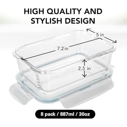 Razab 16 Pc (Set of 8) 30 Oz Glass Meal Prep Containers with Lids, Airtight Large Glass Food Storage Containers, Reusable Leak Proof BPA Free, Freezer to Oven and Dishwasher Safe - color: Blue
