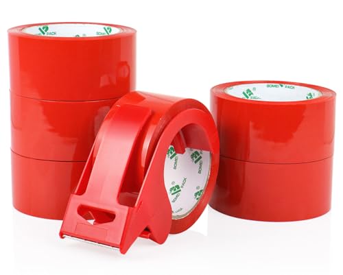 BOMEI PACK Red Heavy Duty Packing Tape 6 Rolls with Red Plastic Dispenser, 2.5 mil, 1.88 inch x 60 Yards, Total 360Yds, Ultra Strong, Refill for Packaging and Shipping - color: Red