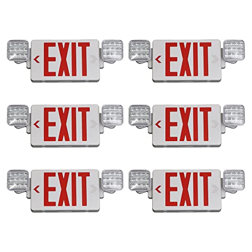 TANLUX Red Exit Sign with Emergency Lights, LED Emergency Exit Light with Battery Backup, UL Listed, AC 120/277V, Commercial Emergency Lights Combo for Business - 6 Pack - color: White Housing+Red Letter, size: 6 Pack