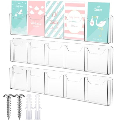Honoson 3 Pack Wall Mount Pamphlet Holder Acrylic Brochure Holder with 5 Pockets, 4 Inch, Clear Wall Brochure Display Stand Hanging Rack for Pamphlet Flyers Booklet Menus Menu Advertise