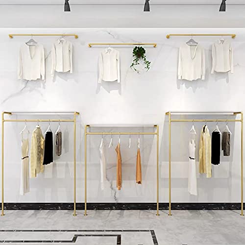 Modern Simple Industrial Pipe and Wood Garment Rack,Wall Mounted Hanging Rods Clothing Rack,Retail Display Storage Clothes Hanging Shelves (Gold, 59" L) - size: 59" L