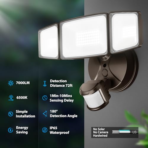 Onforu 75W LED Flood Light Motion Sensor Outdoor, 7000lm Dusk to Dawn Flood Light, Security Light with Three Head, IP65 Waterproof Exterior Floodlight, 6500k Wall Light for Entryway Stairs Yard Garage - color: Brown