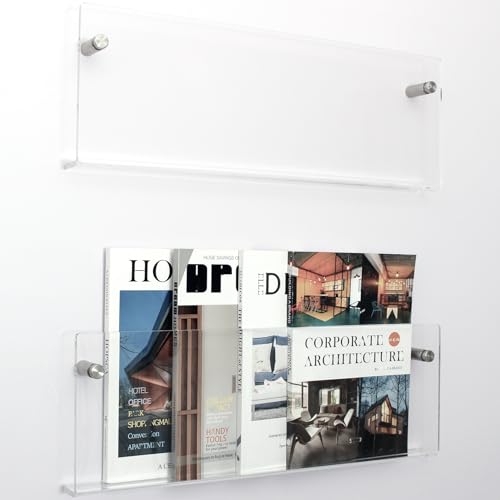 2 Pack Clear Acrylic Magazine Holder, Wall Mount Hanging Bookshelf Literature Storage Rack, Brochure File Display Shelf for Waiting Room, Living Room, Office, Home - size: Clear & 17 Inch