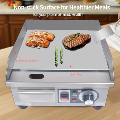 Commercial Electric Griddle, 1500W Countertop Flat Top Grill, 14.2in Stainless Steel Griddle Grill with 2 Shovels and 2 Brushes for Home or Restaurant, 122℉-572 ℉ Adjustable Temp