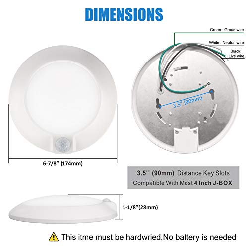Closet Lights Motion Sensored Indoor Ceiling Mount LED- 10W 3000K Closet Stair Porch Ceiling Pantry Motion Activated Light, 6-7/8 Inch 90CRI 600lm Hardwire to Junction Box, No Battery, Damp Rated ETL - color: 3000K Warm White