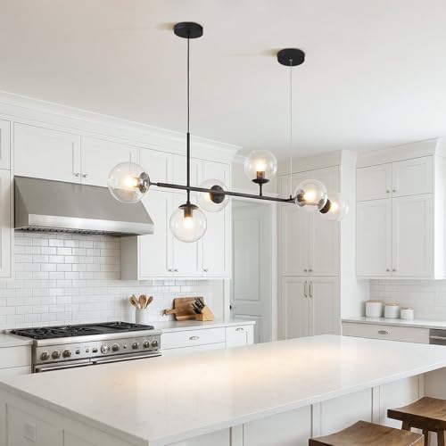 KCO 6-Light Black Linear Sputnik Chandelier Clear Glass Globe Pendant Light - color: Black+Clear