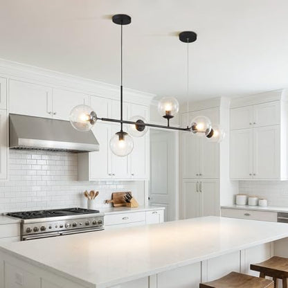 KCO 6-Light Black Linear Sputnik Chandelier Clear Glass Globe Pendant Light - color: Black+Clear