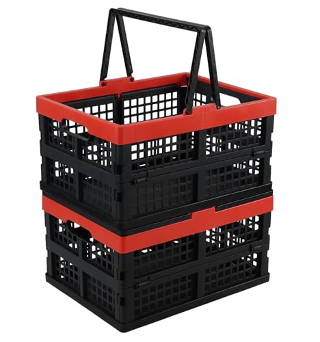 15 L Folding Crate with Handle, Plastic Shopping Basket, 2 Packs