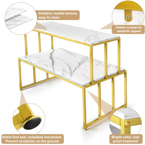 2 Tier Retail Display Table for Shoes & Handbags, Gold Metal and Wood Boutique Display Stand, Heavy Duty Display Riser Shelf for Clothing Stores, Vendor Events, Showroom & Home, 45.2"