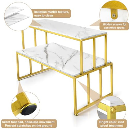 2 Tier Retail Display Table for Shoes & Handbags, Gold Metal and Wood Boutique Display Stand, Heavy Duty Display Riser Shelf for Clothing Stores, Vendor Events, Showroom & Home, 45.2"