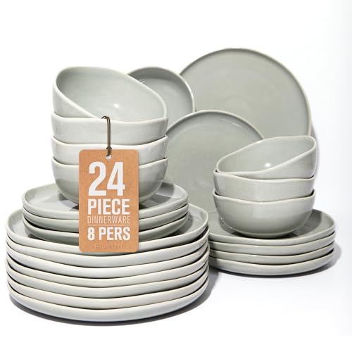 Pokini Stoneware Dinnerware Sets for 8, 24Pcs Ceramic Plates and Bowls Sets - color: Dusty Green, size: Set (24pcs)
