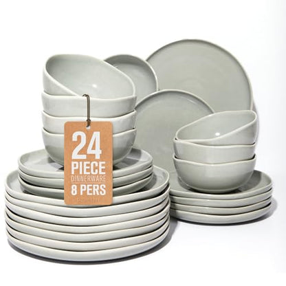 Pokini Stoneware Dinnerware Sets for 8, 24Pcs Ceramic Plates and Bowls Sets - color: Dusty Green, size: Set (24pcs)