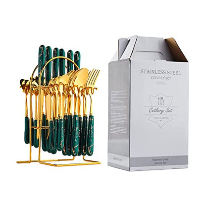 24-Piece Gilded Stainless Steel Flatware Set,Kitchen Utensil Tableware Cutlery Set Service for 6, Steak Cutlery Set for Home and Restaurant (Dark Green) - color: Dark Green