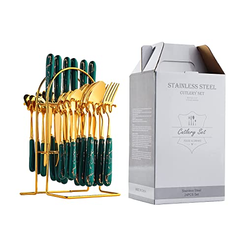 24-Piece Gilded Stainless Steel Flatware Set,Kitchen Utensil Tableware Cutlery Set Service for 6, Steak Cutlery Set for Home and Restaurant (Dark Green) - color: Dark Green