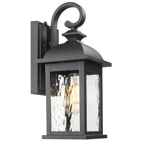 FEMILA Dusk to Dawn Exterior Wall Sconce, 15" Front Porch Light Fixtures Wall Mount for Patio, Garage, Garden, UL Listed, Matte Black Water Ripple Glass, 4FD54B-PC BK-WP - color: Matte Black, Water Ripple Glass, size: 15", Dusk to Dawn