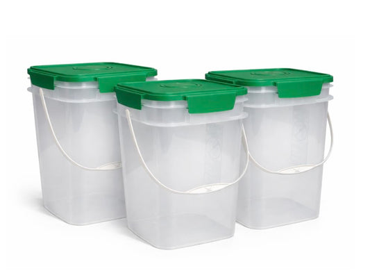 House Naturals 4 Gallon Square Food Grade Bucket Pail with Plastic Handles and Lid (Pack of 3) Made in USA containers (4G SQ Clear - Green lids) - color: 4g Sq Clear - Green Lids