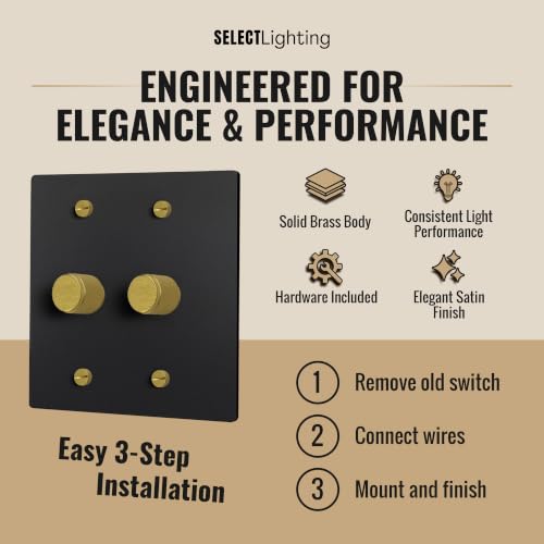 SELECT 2 Gang Solid Brass Rotary Dimmer Switch, 3-Way & 1-Way Compatible - color: Black with Brass, size: 2 Gang, style: 1/3-Way Dimmer