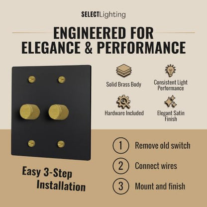 SELECT 2 Gang Solid Brass Rotary Dimmer Switch, 3-Way & 1-Way Compatible - color: Black with Brass, size: 2 Gang, style: 1/3-Way Dimmer