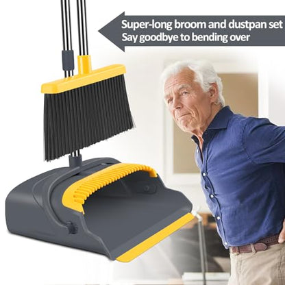 Upgrade Broom and Dustpan Set, Broom with Dustpan Combo Set, Self-Cleaning with Dustpan Teeth, Indoor&Outdoor Sweeping, Stand Up Broom and Dustpan (Gray&Yellow) - color: Gray&yellow