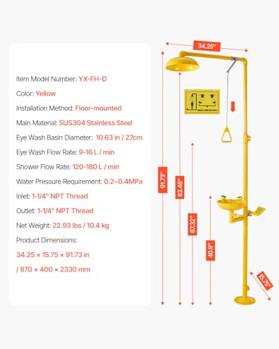 VEVOR Emergency Shower Eye Wash Station, 34.25 x 15.75 x 91.73 Inch 304 Stainless Steel Eyewash and Shower Combination, OSHA-Approved First Aid Eye Wash Station, for Schools, Labs, Factories, Yellow - style: Eyewash and Shower Combination