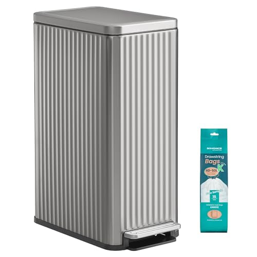 SONGMICS Trash Can, 13 Gallon (50 L) Slim, Stainless Steel, with Lid, Pedal - color: Metallic Silver, size: 13 Gallon (Slim)