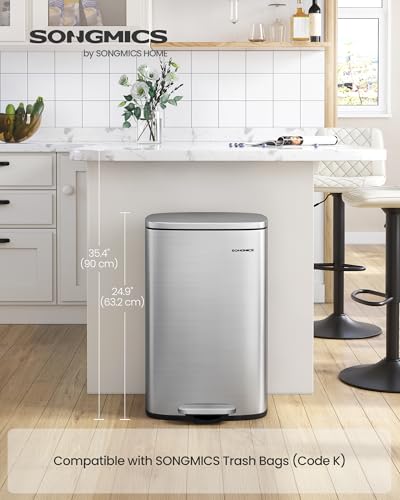 SONGMICS 13 Gallon (50 L) Trash Can, Stainless Steel, Step-On Pedal - color: Silver, size: 13 Gal.