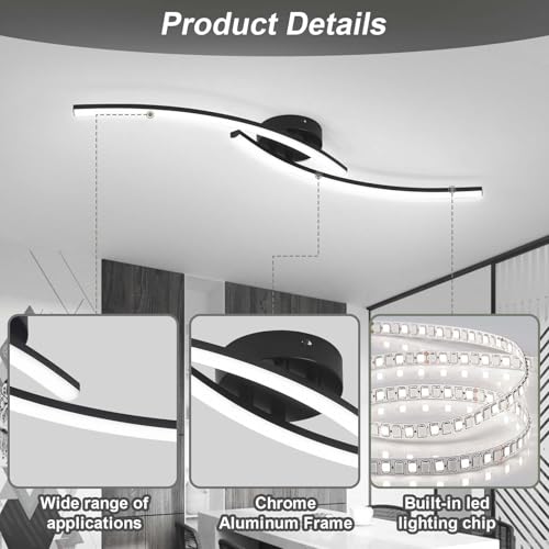 Modern LED Ceiling Light 22W Black Linear Ceiling Lights Fixture 6000K Aluminum 31.4Inch Long Flush Mount Ceiling Light Fixture Lamp for Bedroom Hallway Kitchen Bathroom - color: Black,Intersect, size: 31.49Inch