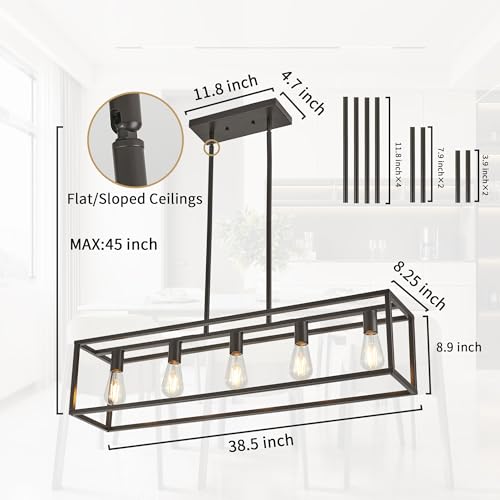 Kitchen Light Fixtures Farmhouse Rectangle Chandeliers Dining Room Light for Dining Rooms, Light Fixture Matte Oil Rubbed Bronze 5-Light Industrial Pendant Lighting - color: Oil-Rubbed Bronze, size: 5 Lights