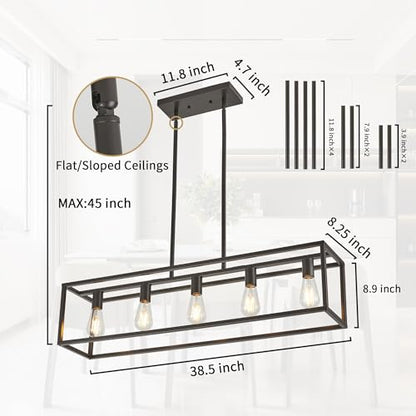 Kitchen Light Fixtures Farmhouse Rectangle Chandeliers Dining Room Light for Dining Rooms, Light Fixture Matte Oil Rubbed Bronze 5-Light Industrial Pendant Lighting - color: Oil-Rubbed Bronze, size: 5 Lights
