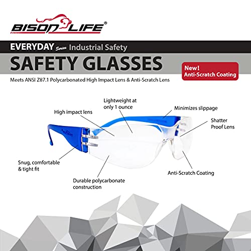 BISON LIFE Clear/Blue Safety Glasses for Men & Women, ANSI Z87.1, 12 Pack - color: Clear/Blue