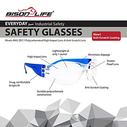 BISON LIFE Clear/Blue Safety Glasses for Men & Women, ANSI Z87.1, 12 Pack - color: Clear/Blue
