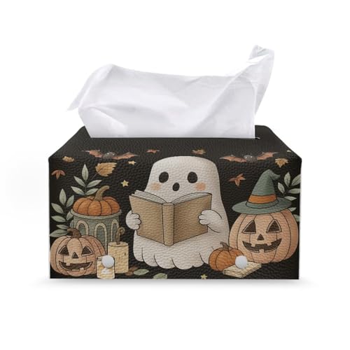Halloween Leather Tissue Box Cover Rectangle Ghost Pumpkin Lantern Tissue Box Holder All Hallows' Eve Home Decor Tissue Holders for Bathrooms Countertop - color: Ghost Pumpkin Lantern