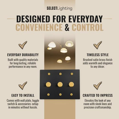 SELECT 3 Gang Solid Brass Rotary Dimmer Switch, 3-Way & 1-Way Compatible - color: Black with Brass, size: 3 Gang, style: 1/3-Way Dimmer