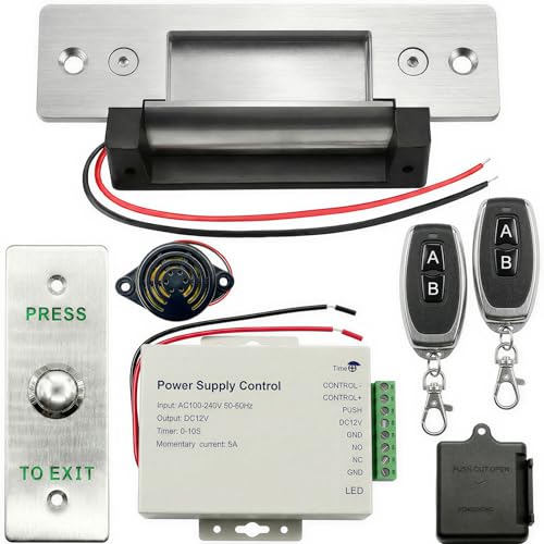 Upgraded Electric Strike Door Lock Kit with Wireless Remote, Button & Buzzer, Fail-Secure/Fail-Safe Adjustable Access Control System, 12V DC NO/NC Door Buzzer Entry fits Cylindrical Mechanical Locks - color: Black -C, size: Wireless Remote - Cylindrical