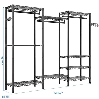 Golpart Heavy Duty Clothes Rack Metal Wardrobe with Adjustable Wire Shelves - color: Black, size: 15.75"D x 56.6"W x 76.8"H