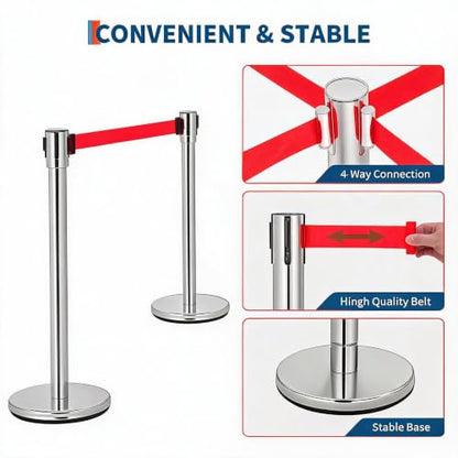 Crowd Control Barriers 2 Pack, 2 Stanchions with 2 Retractable Belts - color: Silver + Red, size: 2 Stanchions + 2 Belt