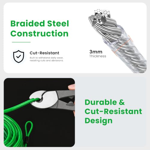 1/8" (3mm) Security Cable Lock 2-Pack, 2m Braided Steel Anti-Theft Cable, Long Flexible Wire Rope for Bike, Gate, Luggage & Outdoor Gear (Green) - size: 2M