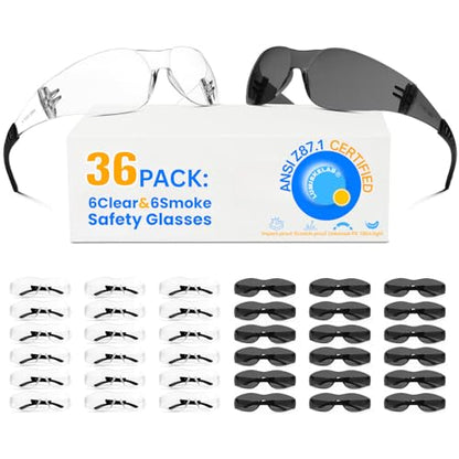 Safety Glasses Ansi Z87.1 Clear Safety Glasses Bulk Impact Scratch Resistant Lens Protective Eyewear for Men Women - color: 18pcs Clear+18pcs Gray