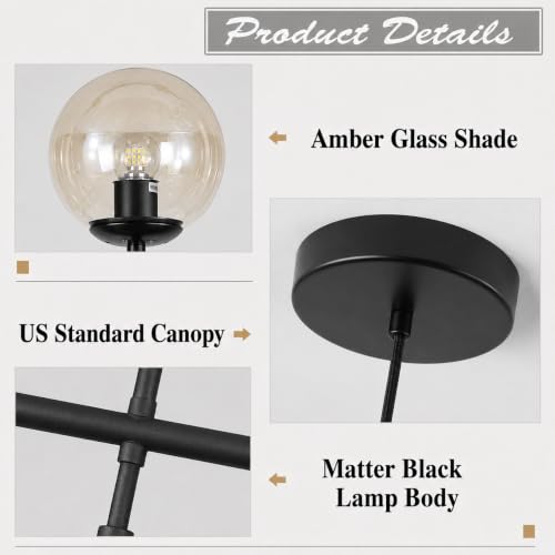 KCO Lighting 6-Light Modern Globe Sputnik Chandelier Mid Century Black Pendant Light Chandelier Dining Room Linear Pendant Lighting Kitchen Island Adjustable Pendant Light Fixtures (Black+Amber) - color: Black