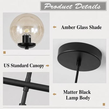 KCO Lighting 6-Light Modern Globe Sputnik Chandelier Mid Century Black Pendant Light Chandelier Dining Room Linear Pendant Lighting Kitchen Island Adjustable Pendant Light Fixtures (Black+Amber) - color: Black