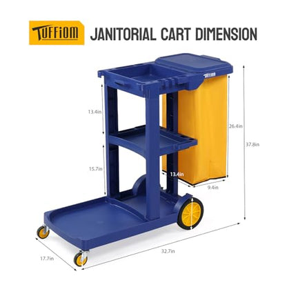 TUFFIOM Commercial Traditional Cleaning 3-Shelf Janitorial Cart, 500 Lbs Capacity Housekeeping Cart, Wheeled with Yellow VinylBag and Cover w Lid, Blue, - color: Blue