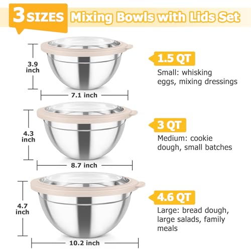 TeamFar Mixing Bowls with Lids, 4.5/3/1.5 QT Stainless Steel Nesting Bowls - color: Khaki