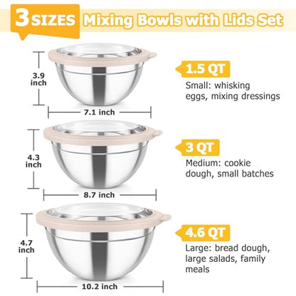 TeamFar Mixing Bowls with Lids, 4.5/3/1.5 QT Stainless Steel Nesting Bowls - color: Khaki