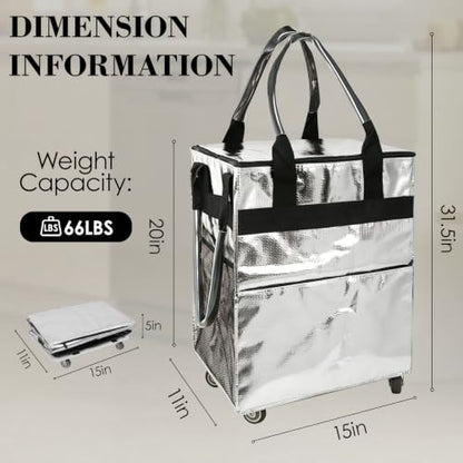 Reusable Grocery Bag on 4 Swivel Wheels, 60L Large Rolling Tote Bag - color: Silver