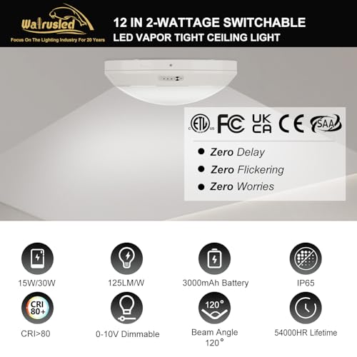 12 Inch Round LED Parking Garage Canopy Vapor Tight Emergency Ceiling Light, Battery Backup IP65 30W 3750LM 100-277V Waterproof Outdoor Lights, 5000K 0-10V Dimmable Flush Mount Light Fixture, ETL