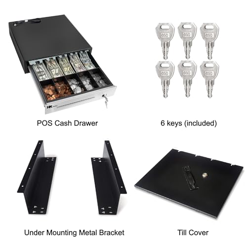 HK SYSTEMS 16""Stainless Steel" Front Heavy Duty Black POS Cash Drawer with 5Bill/5Coin with Under Counter Mounting Metal Bracket and Till Cover - size: 03.16" POS+Bracket+Till Cover