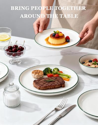 OTAGO 16-Piece Dinnerware Set for 4 with 4 Mugs, White with green rim Stoneware Plates and Bowls Sets, Ceramic Dish Set for Kitchen, Dinner & Dining, Green Rim, Microwave & Dishwasher Safe