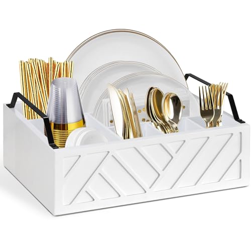Ukonvi Paper Plate Dispenser and Holder for Kitchen Counter, Wood Rustic Silverware Utensil Caddy, Cutlery Flatware Organizer Box for Cups Spoons Forks Napkins, Kitchen Accessories - color: White-handle