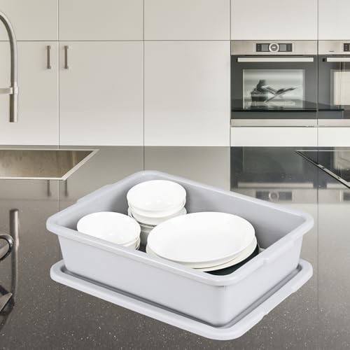 3 Pack 13 Liter Commercial Bus Tub Box Tote with Lids, Light Gray